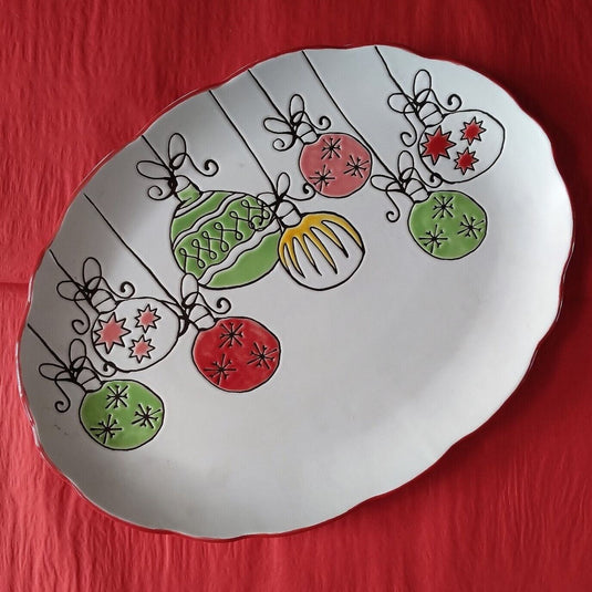 Holiday Platter Christmas Retro Ornaments Plate 15" By Blue Sky Clayworks