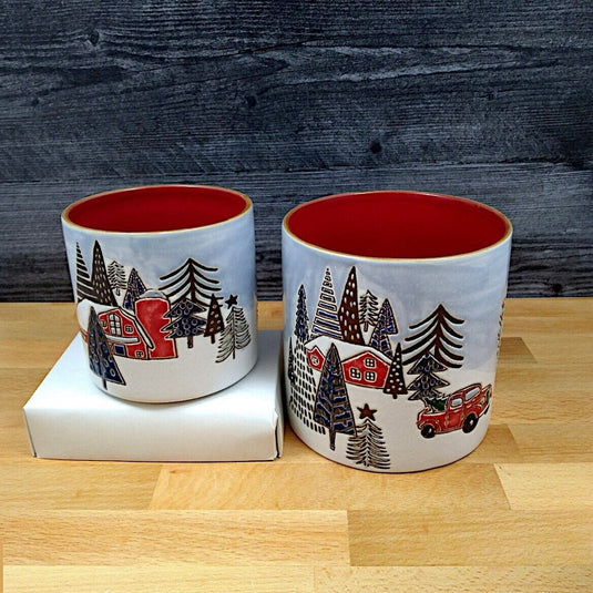Elk Ridge Canister Set of 2 Winter Scene Holiday 4 & 5" Embossed Jars Home Décor