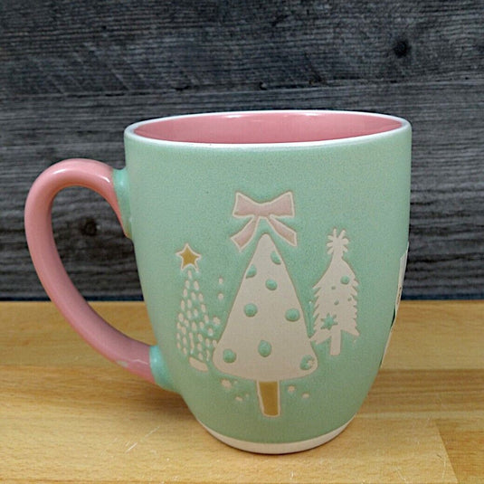 Christmas Tree Holiday Coffee Mug Pink 17oz (455ml) Embossed Cup Blue Sky