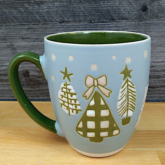 Christmas Tree Holiday Coffee Mug Green & Blue 17oz 455ml Embossed Cup Blue Sky