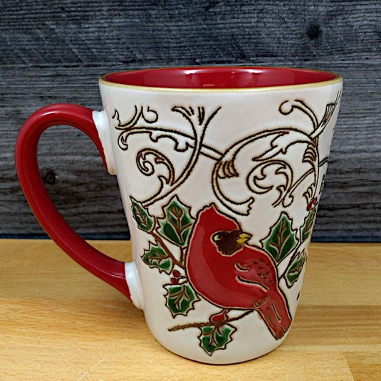 Cardinal in Poinsettia Holiday Coffee Mug 17oz 455ml Embossed Cup Blue Sky