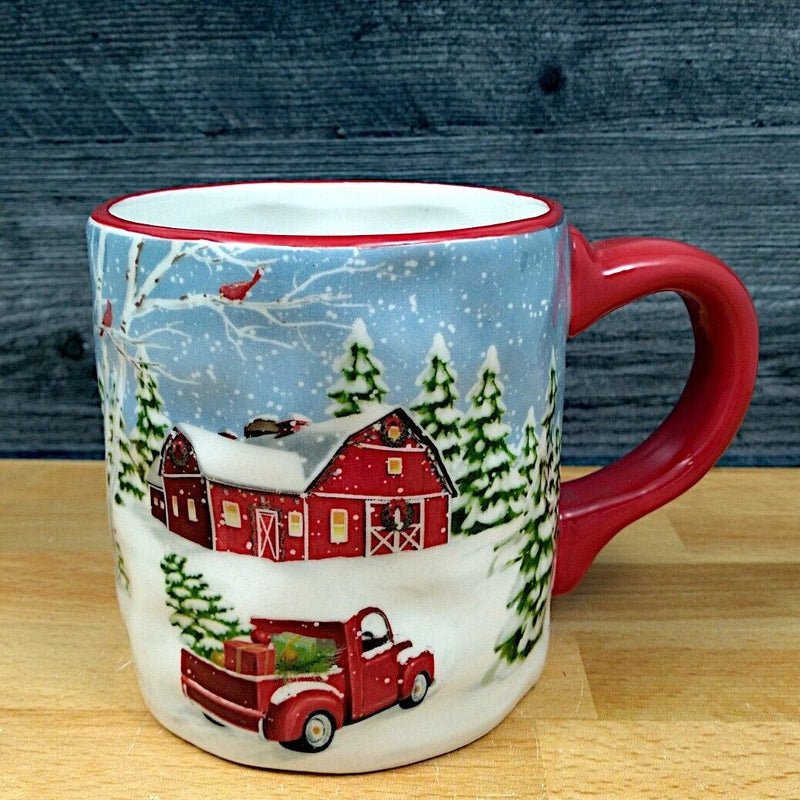 Load image into Gallery viewer, Winter Scene Red Barn and Truck Coffee Mug Christmas Holiday Cup by Blue Sky
