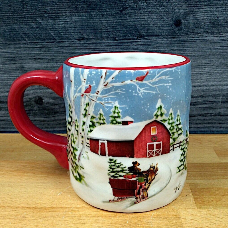 Load image into Gallery viewer, Winter Scene Red Barn and Truck Coffee Mug Christmas Holiday Cup by Blue Sky
