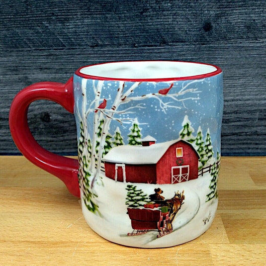 Winter Scene Red Barn and Truck Coffee Mug Christmas Holiday Cup by Blue Sky