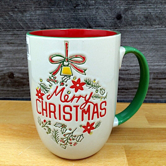 Merry Christmas Coffee Mug Red Green 16oz 473ml Embossed Holiday Cup Blue Sky