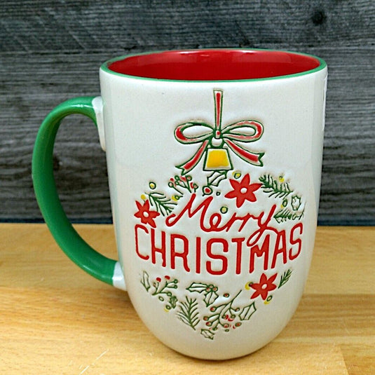 Merry Christmas Coffee Mug Red Green 16oz 473ml Embossed Holiday Cup Blue Sky