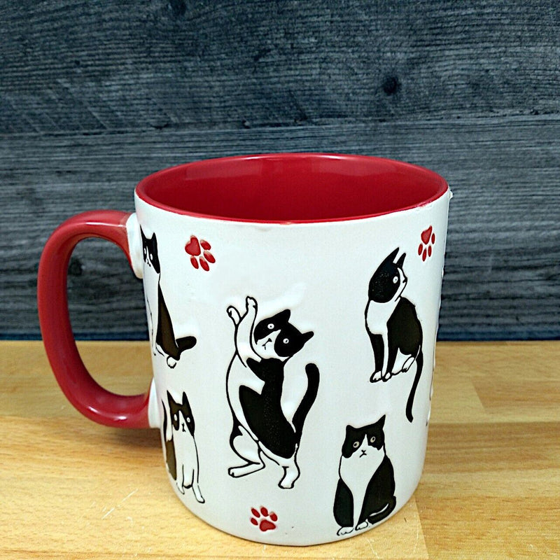 Load image into Gallery viewer, Cat Lovers Coffee Mug Red and White 17oz (455ml) Embossed Beverage Cup Blue Sky
