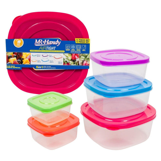 Square Food Containers Box Set of 5 with Airtight Snap On Lids by Mr. Handy