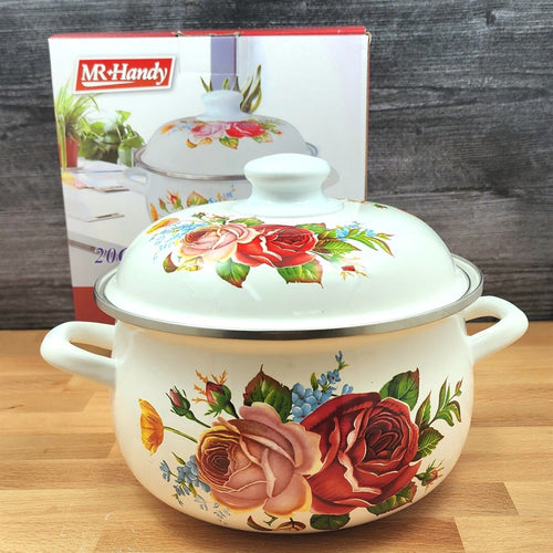 Enamel Coated Baking Casserole Pot With Cover White Roses Floral Design 4.22 Qt