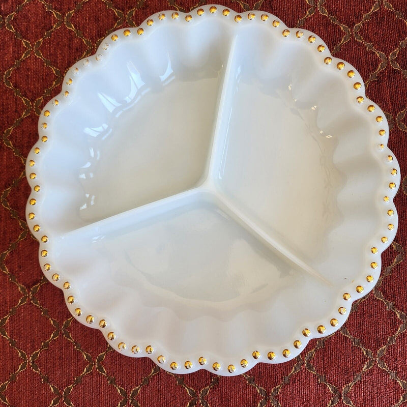 Load image into Gallery viewer, Round Milk Glass Divided Serving Dish Gold Trim Scalloped Edge Design
