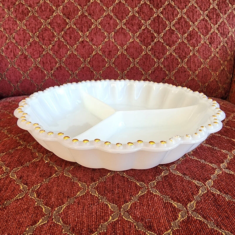Load image into Gallery viewer, Round Milk Glass Divided Serving Dish Gold Trim Scalloped Edge Design
