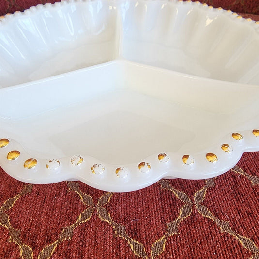 Round Milk Glass Divided Serving Dish Gold Trim Scalloped Edge Design