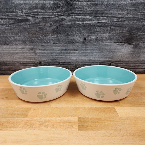 Dog Water Food Bowl Set Embossed Treat Dish In Turquoise and White by Blue Sky