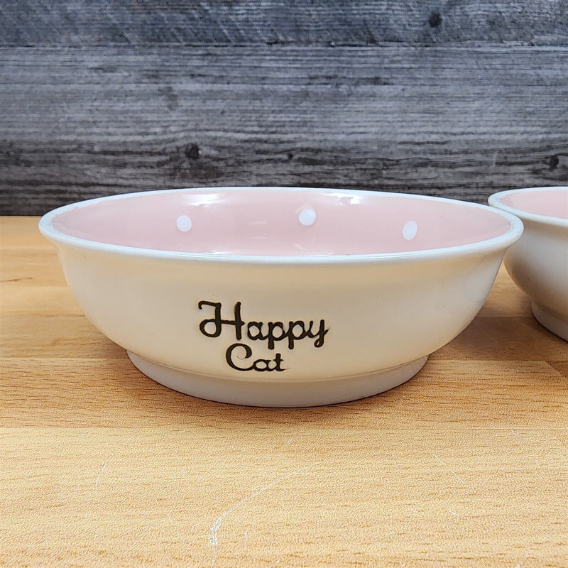 Load image into Gallery viewer, Happy Cat Water Food Bowl Set Embossed Treat Dish With Pink White Polka Dots
