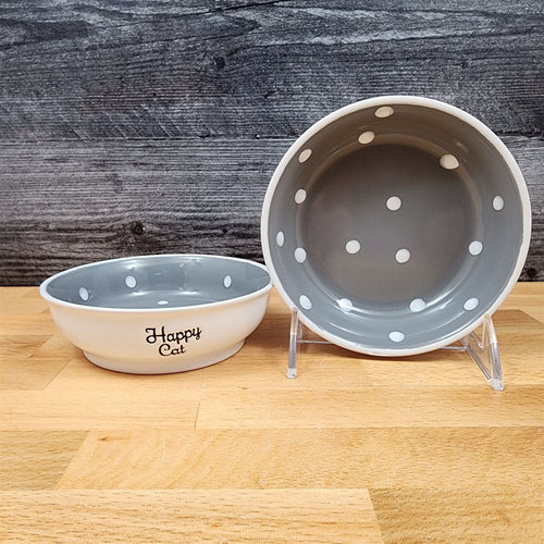 Happy Cat Water Food Bowl Set Embossed Treat Dish With Grey White Polka Dots