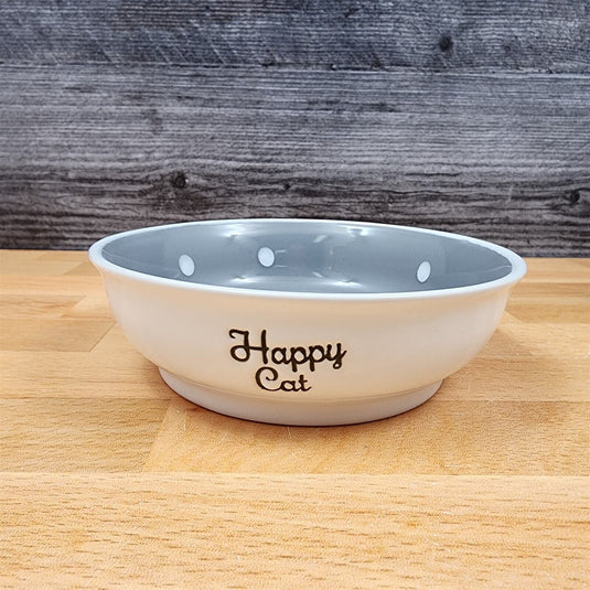 Happy Cat Water Food Bowl Set Embossed Treat Dish With Grey White Polka Dots