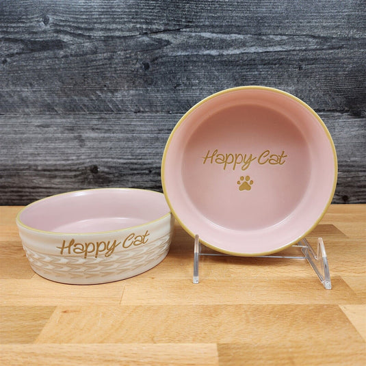 Happy Cat Water Food Bowl Set Embossed Treat Dish in Pink and White By Blue Sky