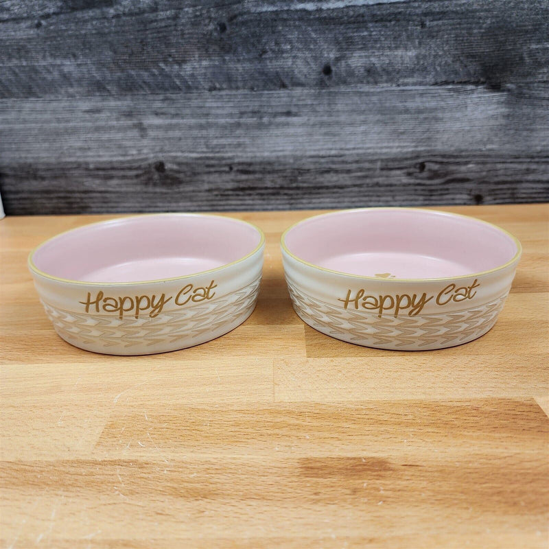 Load image into Gallery viewer, Happy Cat Water Food Bowl Set Embossed Treat Dish in Pink and White By Blue Sky
