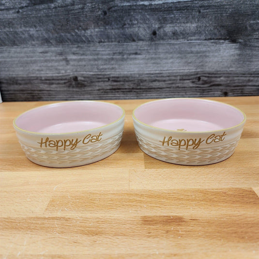 Happy Cat Water Food Bowl Set Embossed Treat Dish in Pink and White By Blue Sky
