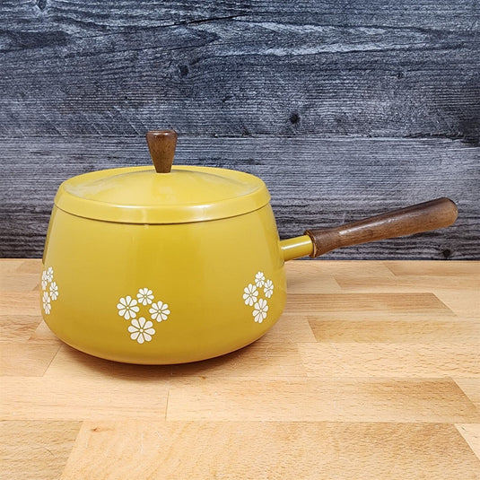 Enamel Mustard Yellow Floral Fondue Pot With Wood Handle