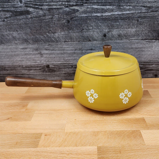 Enamel Mustard Yellow Floral Fondue Pot With Wood Handle