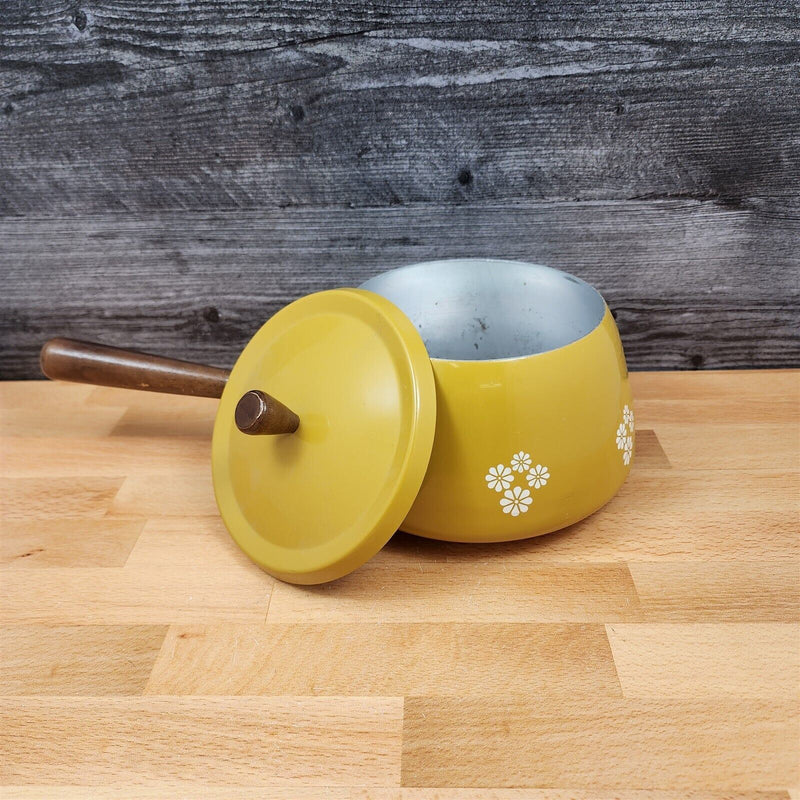 Load image into Gallery viewer, Enamel Mustard Yellow Floral Fondue Pot With Wood Handle
