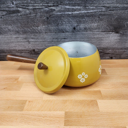 Enamel Mustard Yellow Floral Fondue Pot With Wood Handle