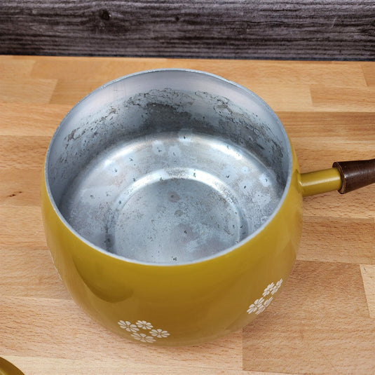 Enamel Mustard Yellow Floral Fondue Pot With Wood Handle