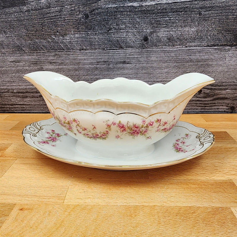 Load image into Gallery viewer, ZSC41 Gravy Boat with Underplate Scalloped, Pink Roses White by ZS &amp; Co Scherzer
