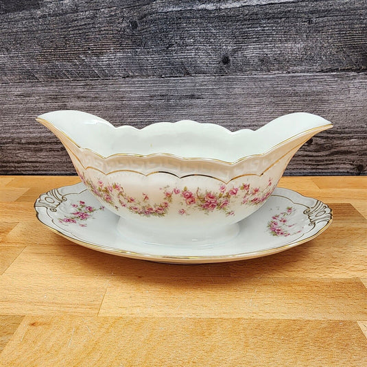 ZSC41 Gravy Boat with Underplate Scalloped, Pink Roses White by ZS & Co Scherzer