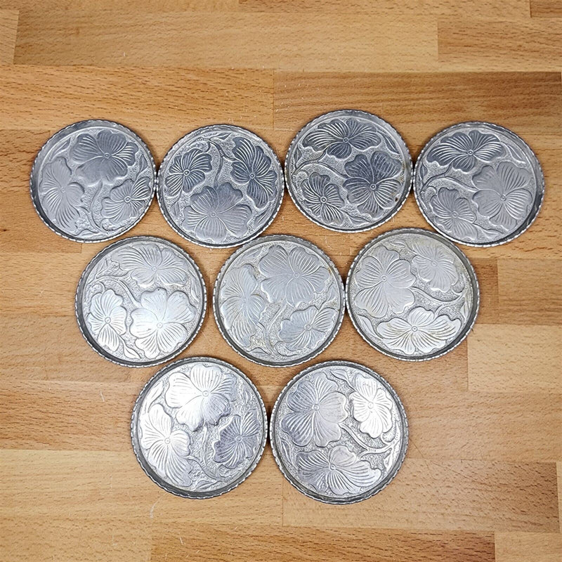 Load image into Gallery viewer, Silvertone Aluminum Floral Coasters Set Of 9
