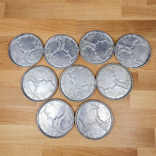 Silvertone Aluminum Floral Coasters Set Of 9