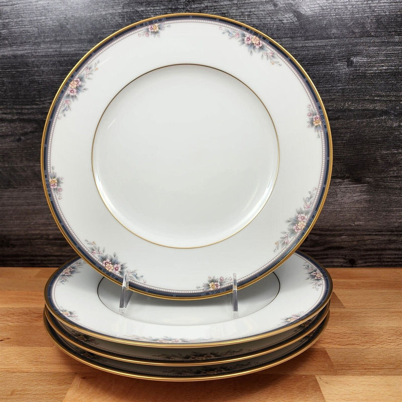 Load image into Gallery viewer, Noritake Ontario 3763 Set of 4 Dinner Plates Blue Gold Band Pink Flowers 10.5&quot;
