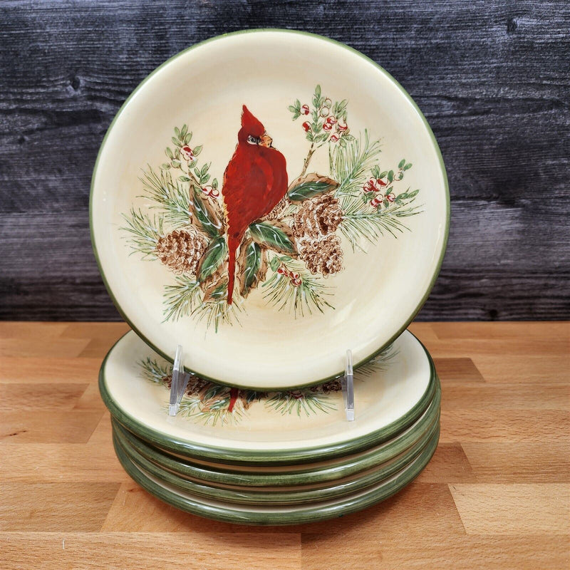 Load image into Gallery viewer, Male Cardinal And Pine Cones Set of 5 Salad Plates by Pacific Rim 8 inch (20cm)
