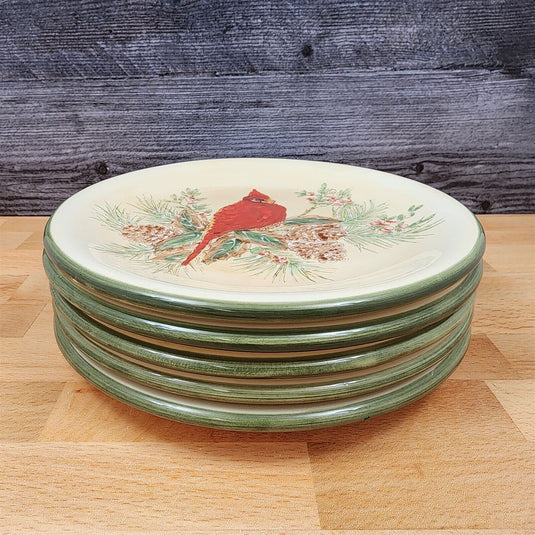 Male Cardinal And Pine Cones Set of 5 Salad Plates by Pacific Rim 8 inch (20cm)