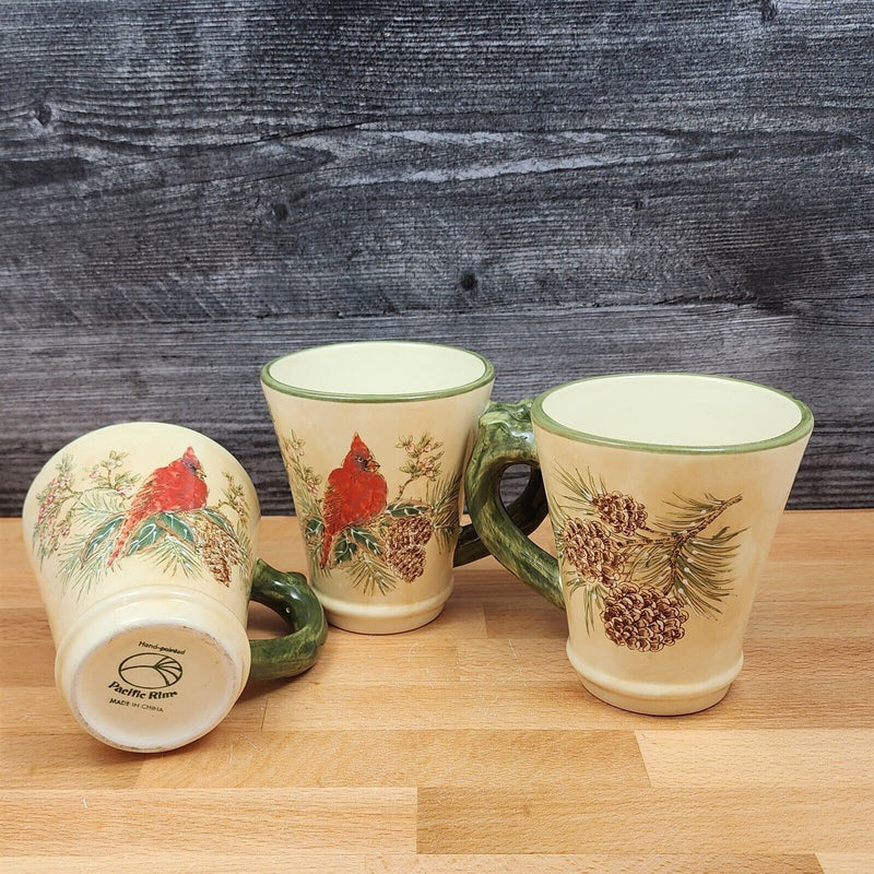 Load image into Gallery viewer, Male Cardinal And Pine Cones Mugs Set of 3 Cups by Pacific Rim
