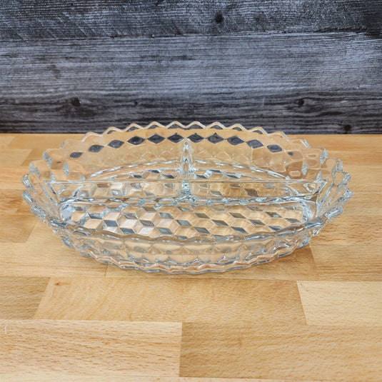 Fostoria American Cubist Clear Glass Oval 3 Part Divided Relish Tray Stem 2056