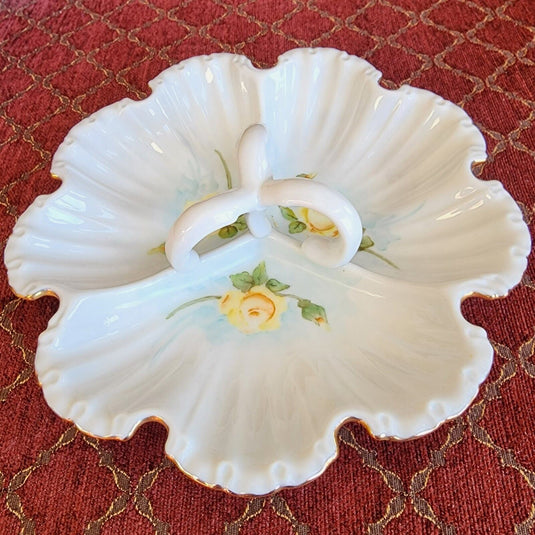Floral Tray Gold Trim 3 Section With Handle Nut Relish Candy Dish Porcelain