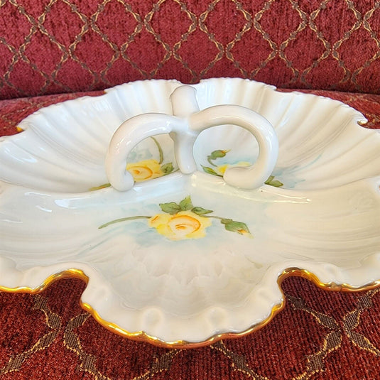 Floral Tray Gold Trim 3 Section With Handle Nut Relish Candy Dish Porcelain