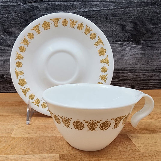Corelle Corning Butterfly Gold Set of 6 Flat Cup & Saucer with Hook Handle Mugs