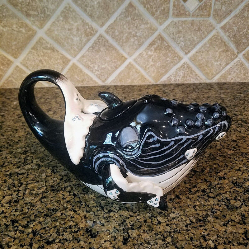 Load image into Gallery viewer, Whale Black Teapot Animal Ceramics Tea Pot Decor Blue Sky by Lynda Corneille
