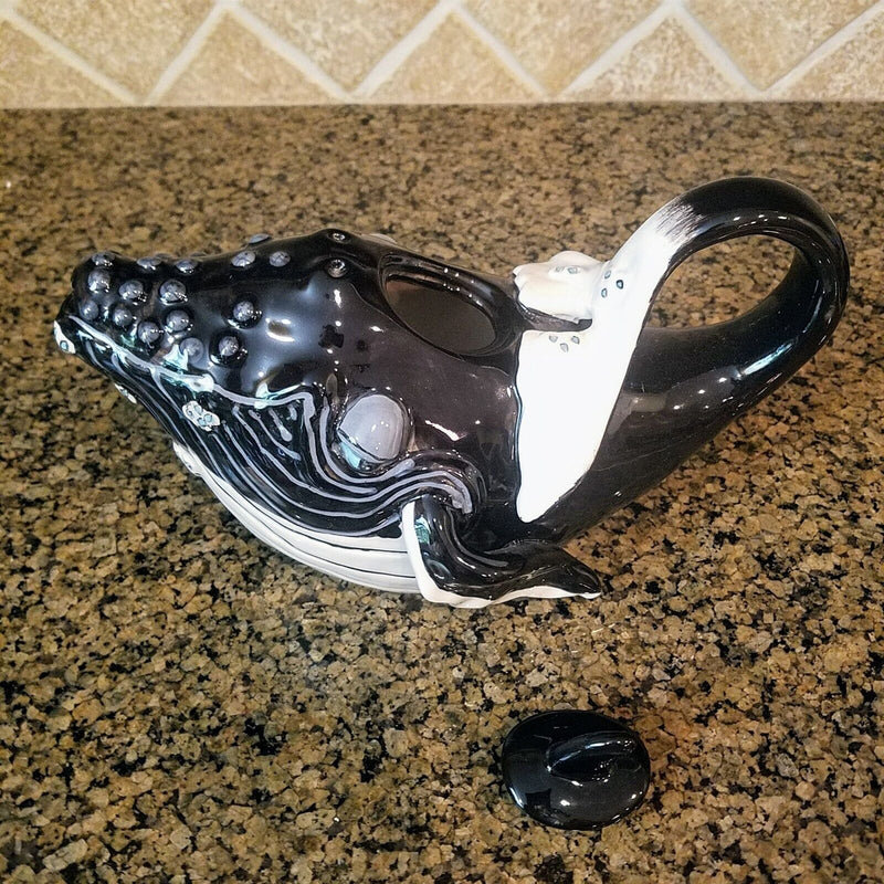 Load image into Gallery viewer, Whale Black Teapot Animal Ceramics Tea Pot Decor Blue Sky by Lynda Corneille
