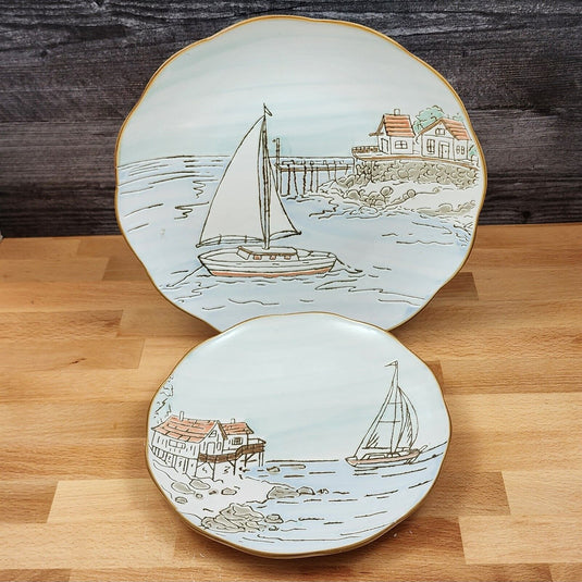 Coastal Sketchbook Plates Set of 2 Decorative Sail Boat Embossed by Blue Sky