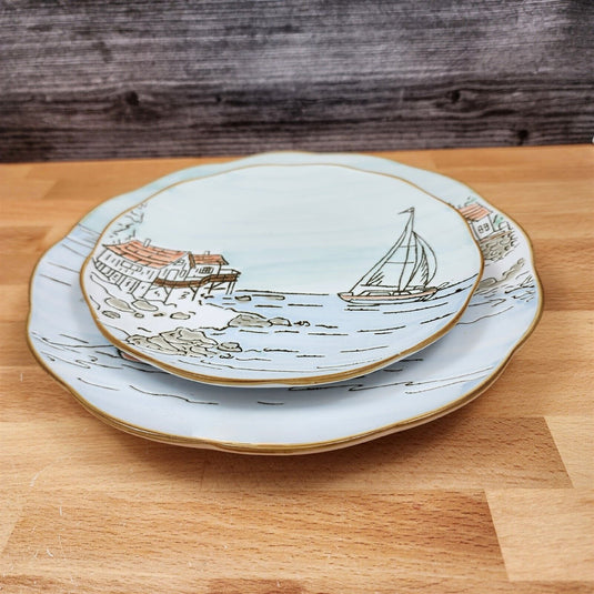 Coastal Sketchbook Plates Set of 2 Decorative Sail Boat Embossed by Blue Sky