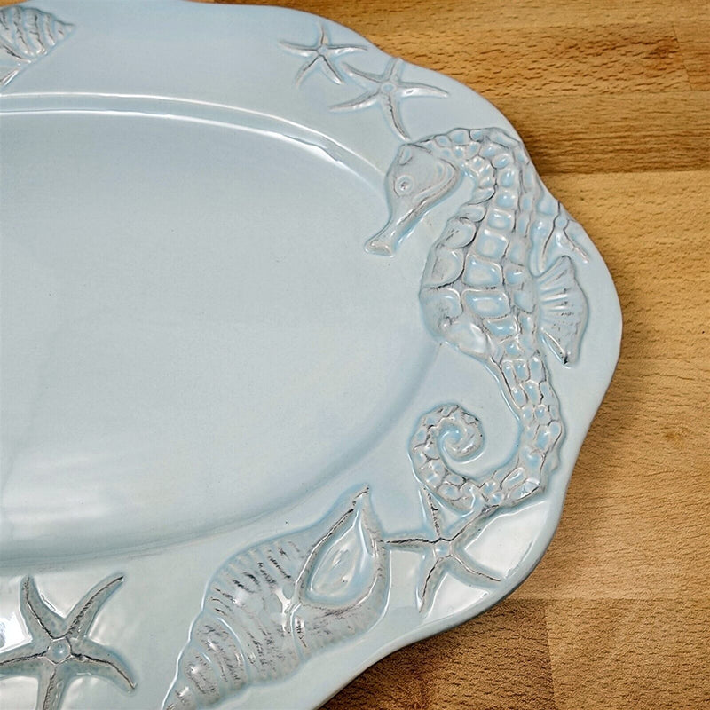 Load image into Gallery viewer, Laguna Coastal Blue Tray Serving Plate 14&quot; Nautical Sea Horse Platter Blue Sky

