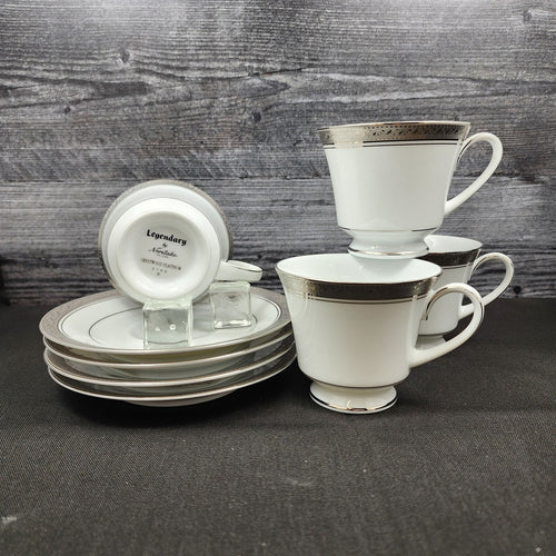 Noritake Legendary Crestwood Platinum Set of 4 Teacup & Saucers 4166 Coffee Mugs