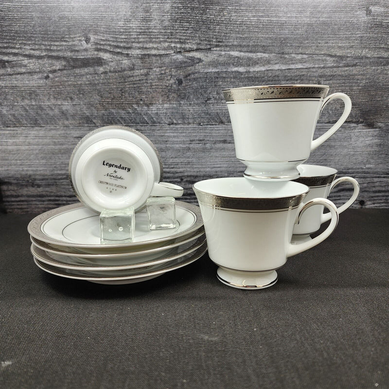 Load image into Gallery viewer, Noritake Legendary Crestwood Platinum Set of 4 Teacup &amp; Saucers 4166 Coffee Mugs

