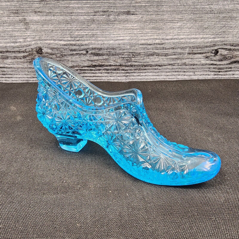 Load image into Gallery viewer, Fenton Art Glass Slipper Shoe Boot Blue Daisy and Button Pattern
