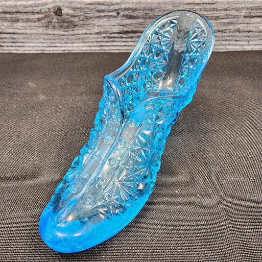 Fenton Art Glass Slipper Shoe Boot Blue Daisy and Button Pattern