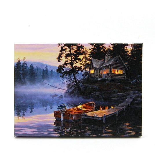 Cabin and Boat Scene LED Light Up Lighted Canvas Picture Wall or Tabletop Art